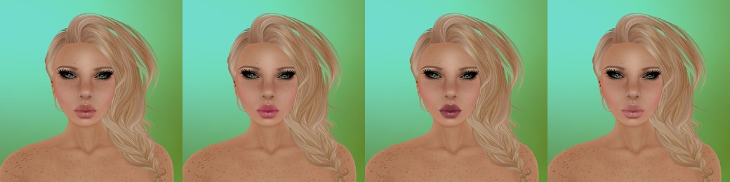 Aeryn Natural with light moles, light freckles and light eyebrows. Makeup 1-4 again left to right.